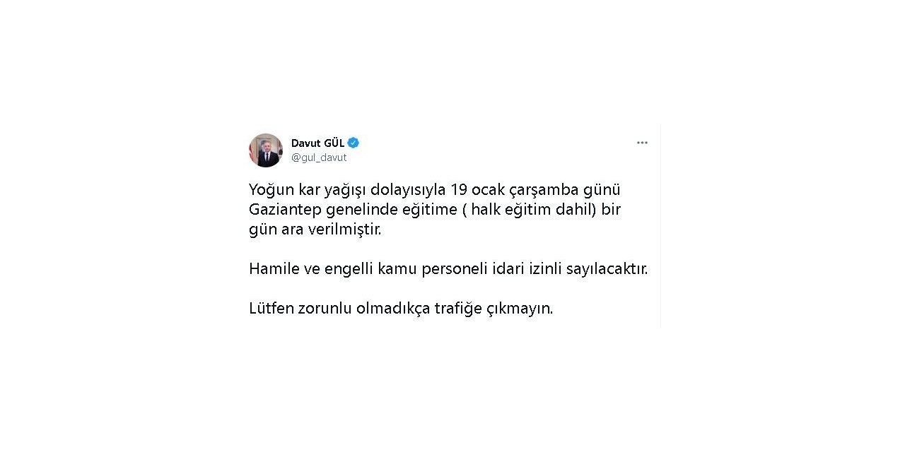 Gaziantep’te Eğitime 1 Gün Daha Ara Verildi
