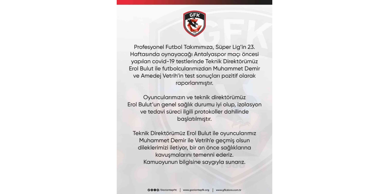 Gaziantep Fk’da Korona Virüs Şoku