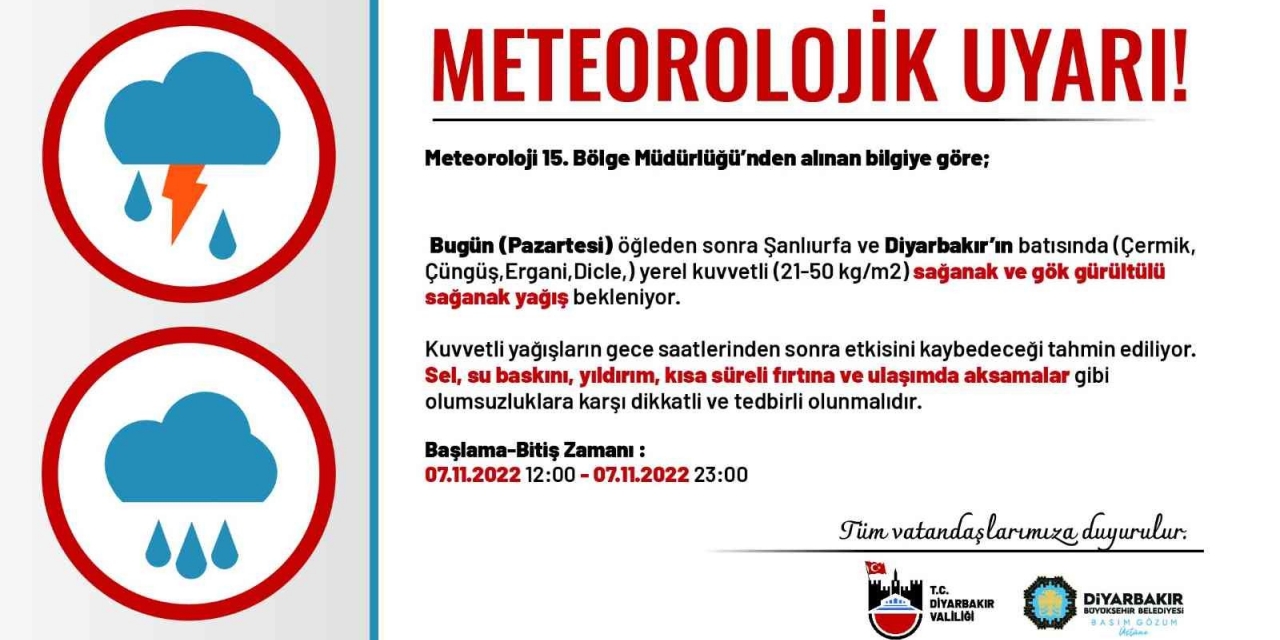 Diyarbakır İçin Sağanak Yağış Uyarısı