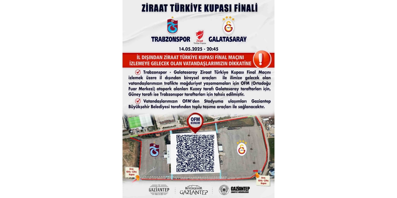 Türkiye Kupası Finaline Araçlarıyla Gelecek Taraftarlar İçin Gaziantep’teki Otopark Alanları Belirlendi