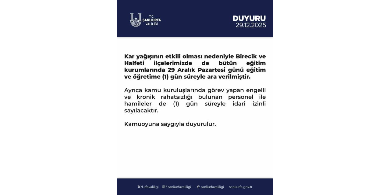 Halfeti Ve Birecik’te De Okullar Tatil Edildi