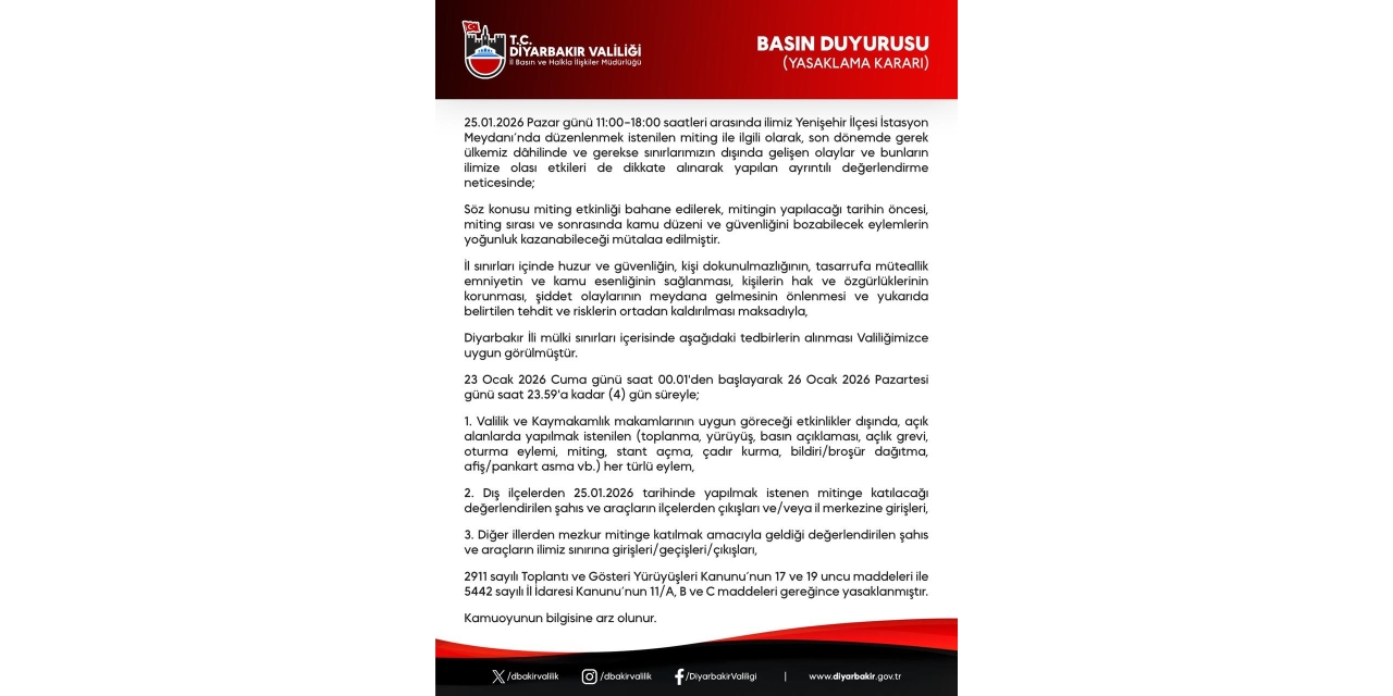 Diyarbakır’da Gösteri Ve Yürüyüşler 4 Gün Boyunca Yasaklandı