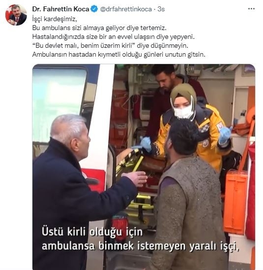 Bakan Koca Üzeri Kirli Olduğu İçin Ambulansa Binmek İstemeyen İşçiyi Paylaştı