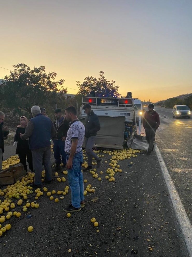 Tekeri Patlayan Elma Yüklü Kamyonet Devrildi