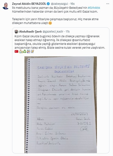 Şanlıurfalı Minik Gazal Bir Dilekçe İle Okulunun Tüm Eksikliklerini Giderdi