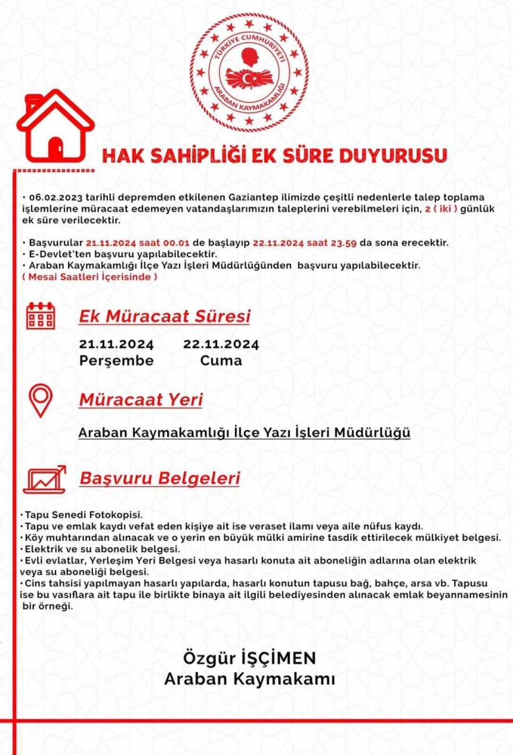 Araban Kaymakamlığı’ndan Depremzedelere Ek Süre Duyurusu