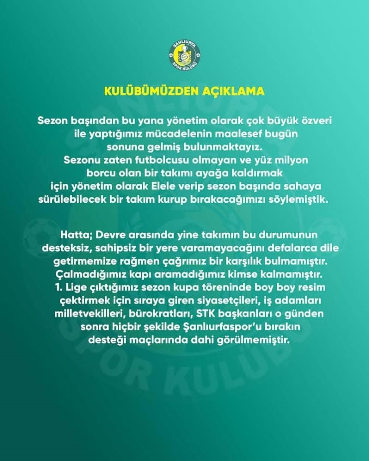 Şanlıurfaspor Yönetimi İstifa Etti