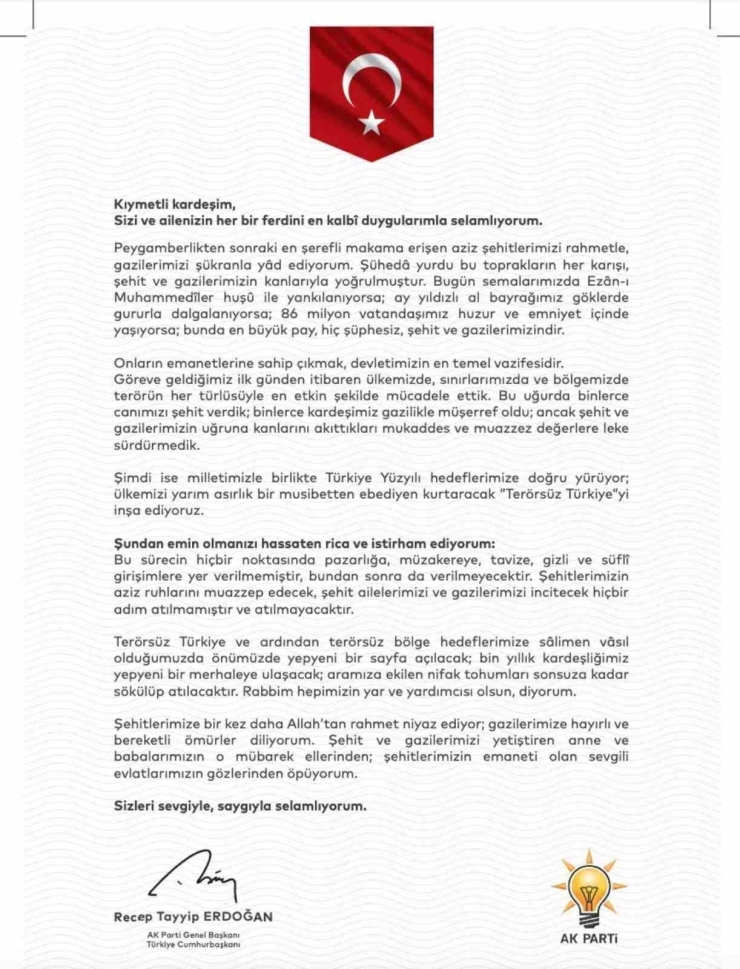 Cumhurbaşkanı Erdoğan’dan Şehit Yakınları Ve Gazilere Terörsüz Türkiye Güvencesi