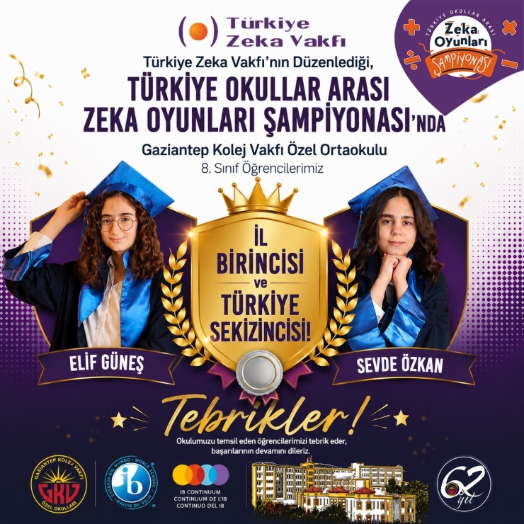 Gaziantep Kolej Vakfı Öğrencilerinden Zeka Oyunlarında Türkiye Derecesi